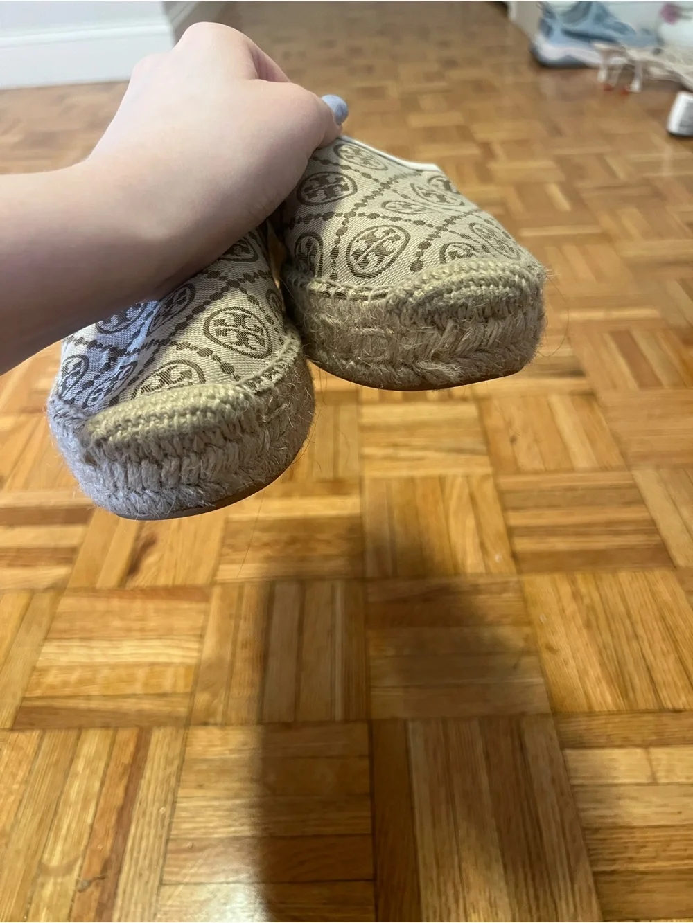 Tory Burch Taupe Logo Canvas Espadrille Flats
